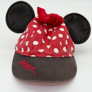 Vintage Minnie Mouse Red White Polka Dot Baseball Cap Disneyland Ears Bow
